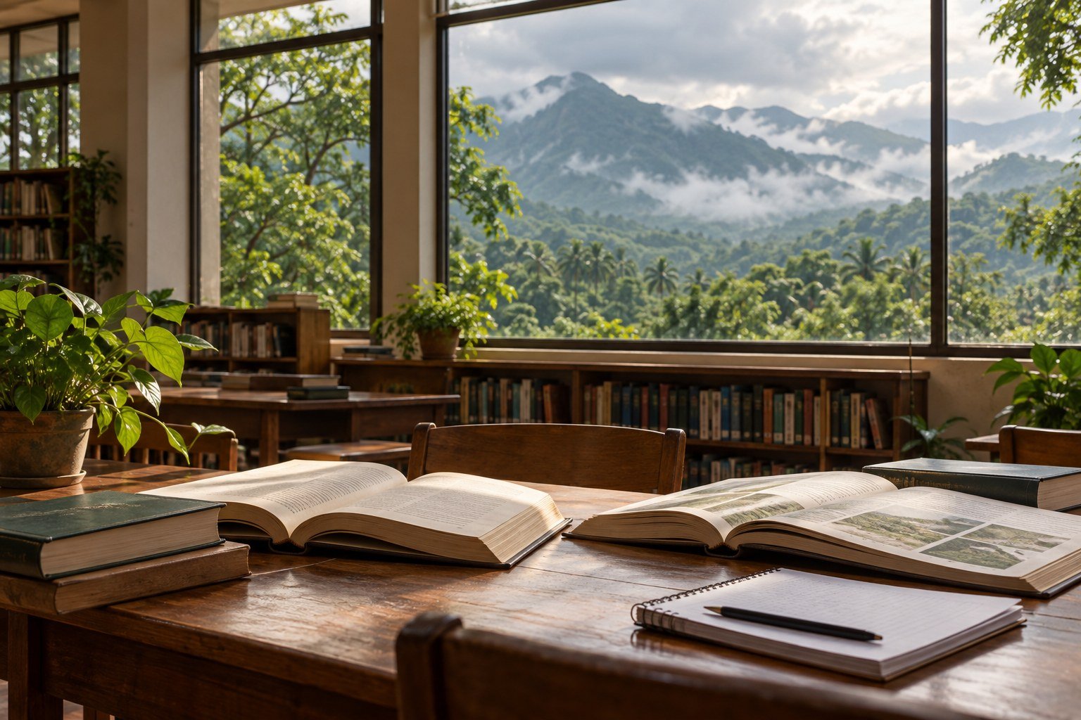 Open books on a reading desk overlooking green hills